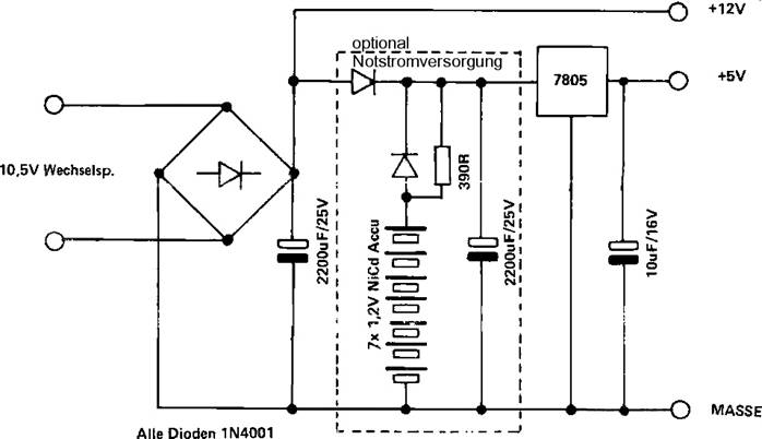 Netzteil frü 12 V und 5 V und einer Notstromversorgung mittels Batterie